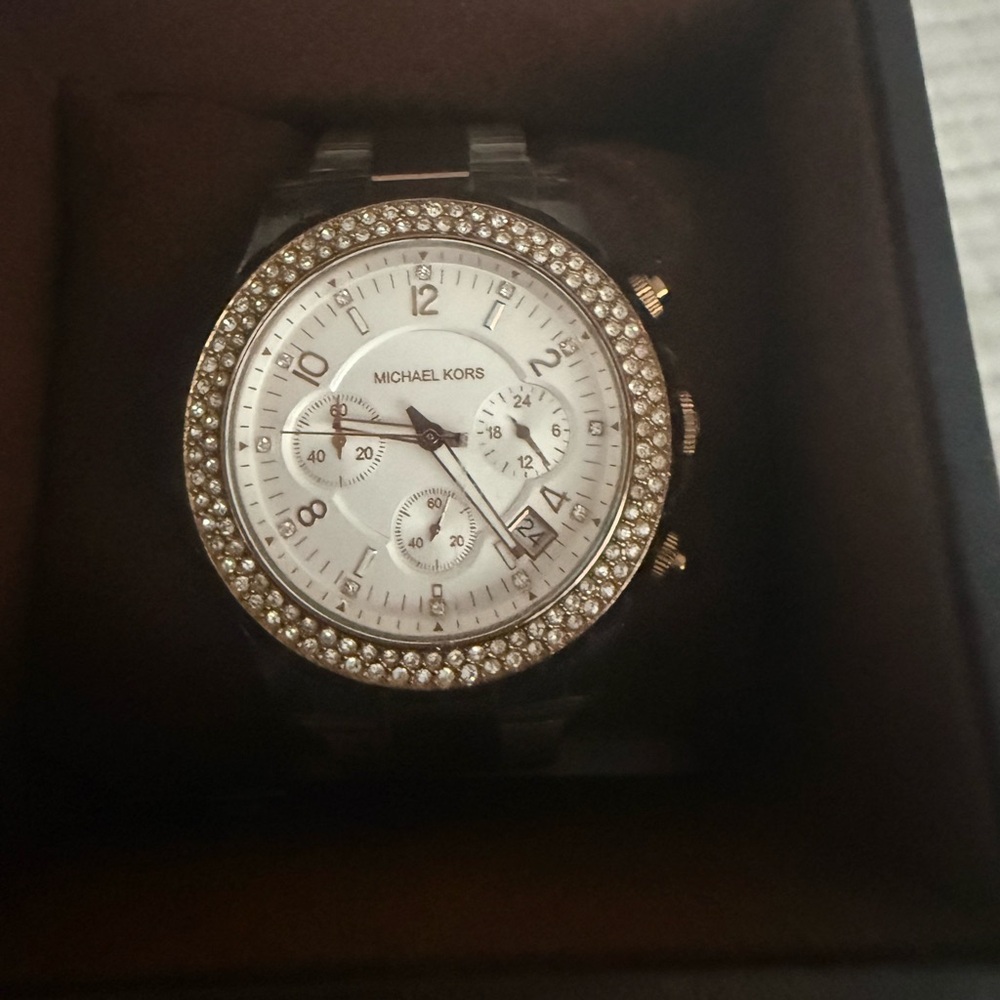 Michael Kors White and Gold Crystal-Accent Chronograph Watch